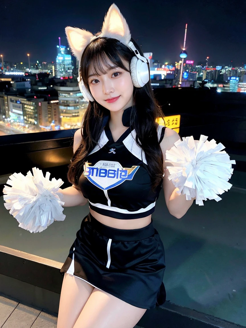 Full body photo、whole、最high quality, masterpiece, 32k、Very detailed、Realistic、1 girl, Japanese women、Cute face, (photo Actual:1.3), Edge lighting, (Skin with attention to detail:1.2), 8k超High resolution, Single-lens reflex camera, high quality, High resolution, 4K, 8k, Optimal ratio of four fingers to one thumb, (Actual:1.3), smile、自然なsmile、Nice body、big Boobs（big 、There is a valley）Baseball Cheerleader Costumes(black、Light blue line design、Japanese professional baseball cheerleaders)、Cat ear headphones(ピンク色のネオンCat ear headphones)、cute 1 girl, Realistic、Super Realistic、32k、Very detailed、masterpiece, 最high quality, beautiful girl, beauty、 Mecha, Beautiful lighting, Sitting,Cyber Neon、Future City、Skyscraper、City Night、Shanghai、big cities、Night view、綺麗なNight view
