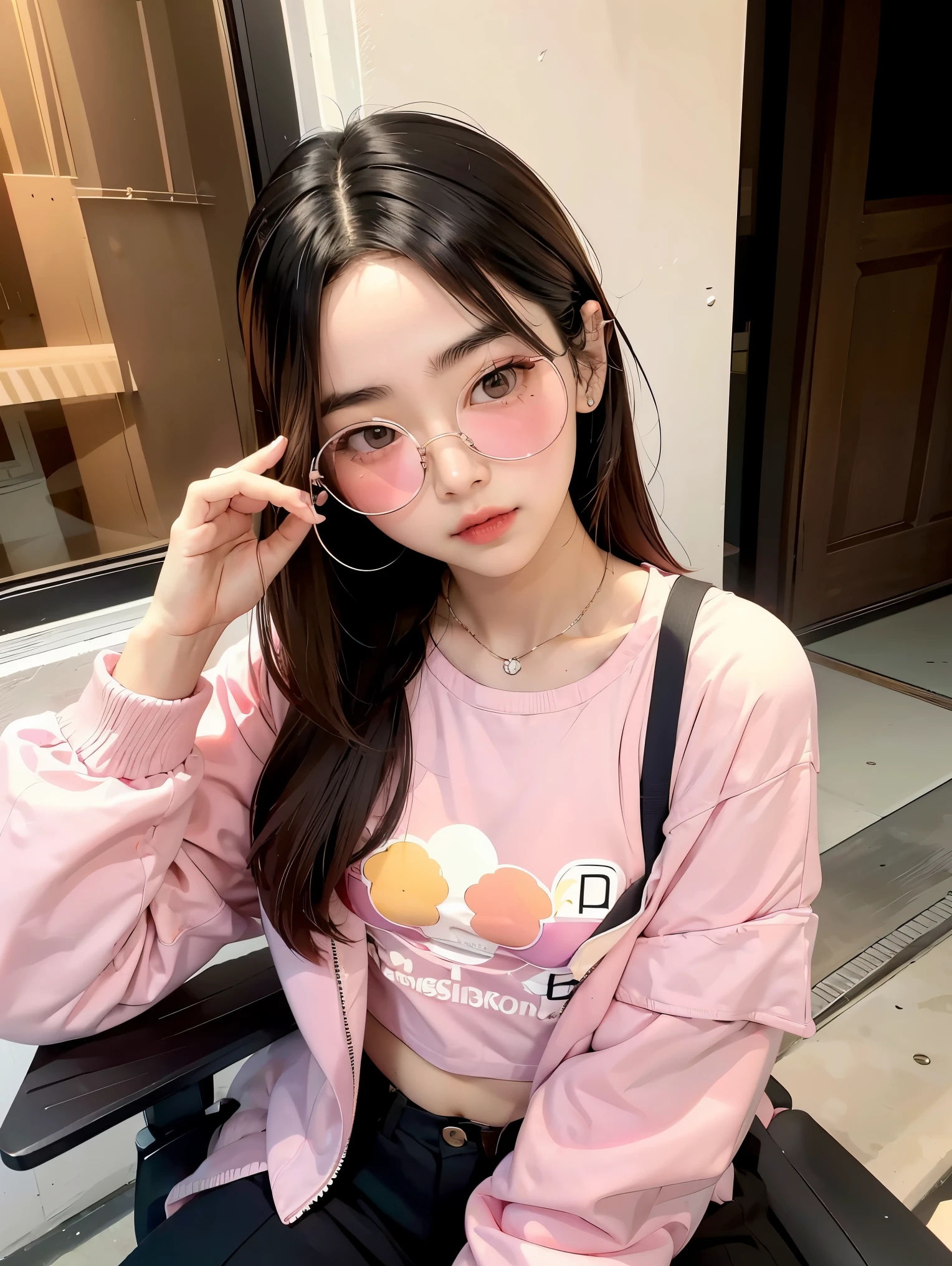 Japan woman sitting on chair with glasses on face, sunglasses, wearing glasses, Urzan, woman with rose-colored glasses, Diravadi Lumrat, wearing thin big round glasses, wearing pink glasses, wearing small round glasses, portrait jiss blackpink, blackpink jisoo, blackpink jisoo, square glasses, sunglasses