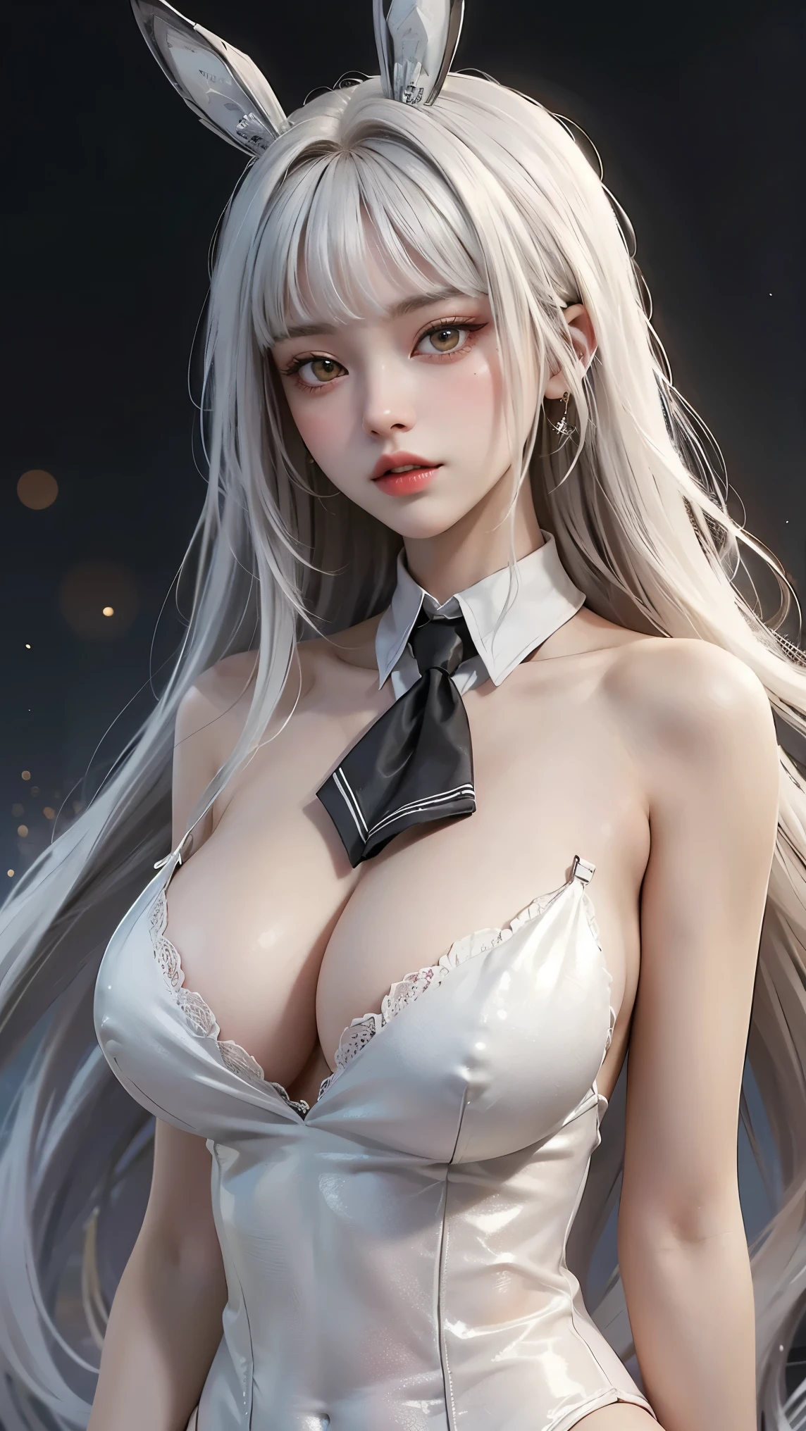 (masterpiece), (best quality), (ultra detailed),(illustration), (1girl),looking at viewer, (interview),beautiful detailed eyes, delicate beautiful face, Floating,(high saturation),(shining), cowboy shot,huge breast, blanc, playboy bunny, white leotard, short necktie, detached collar, wrist cuffs, fishnets, fake animal ears, very long hair, skinny, white hair