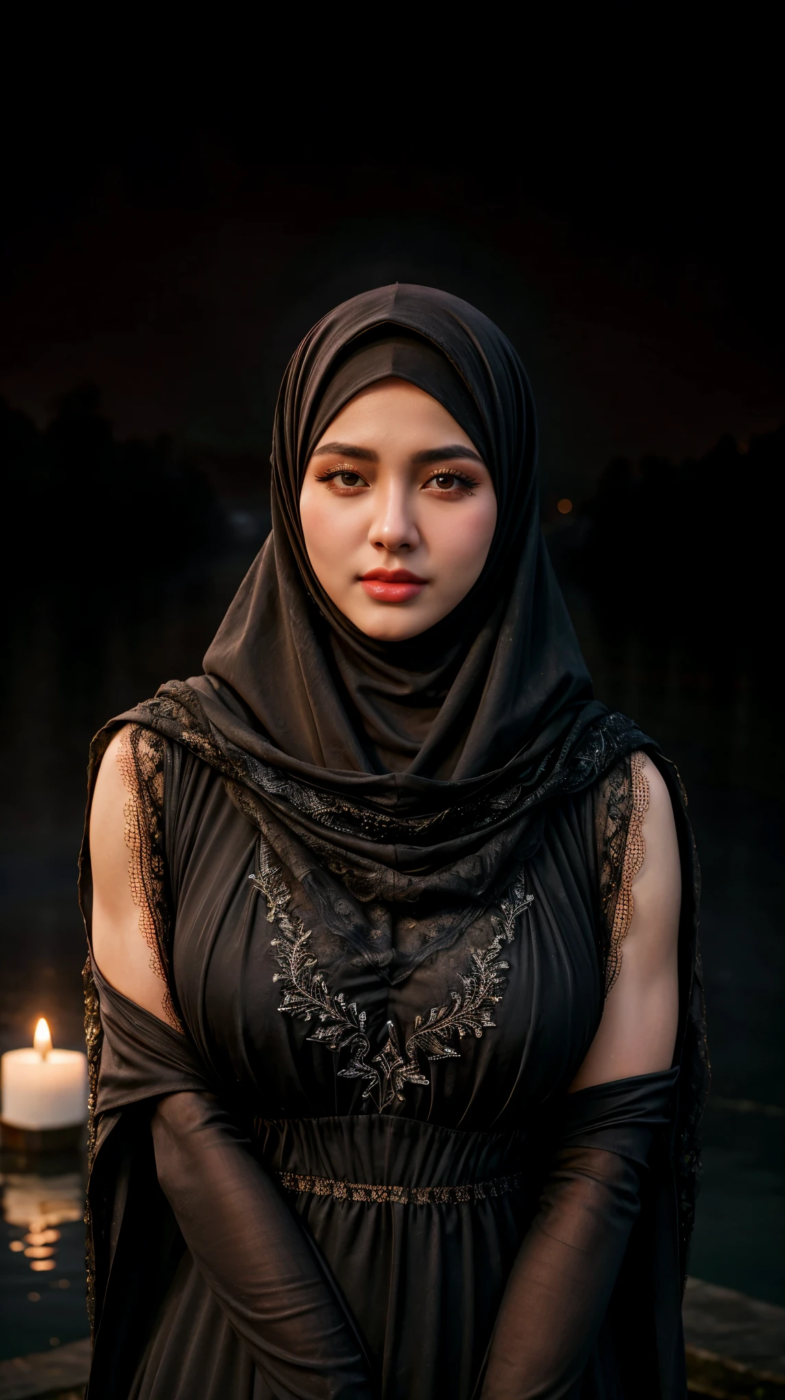 a matured malay woman in the style of nocturne, wearing hijab, dreamy atmosphere, dark cyan and red, i can't believe how beautiful this is, serene atmosphere, piles/stacks, flickering light, epic realistic, broken old boat in big storm, illustrated by herg, style of tin tin comics, pen and ink,art by greg rutkowski and artgerm, soft cinematic light, (depth of field:1.4), faded, (neutral colors:1.2), (muted colors:1.2), (artstation:1.4), cinematic, warm lights, dramatic light, complex background, (rutkowski:0.66), (teal and orange:0.4), hdr, (intricate details, hyperdetailed:1.15) (skin texture:1.2)