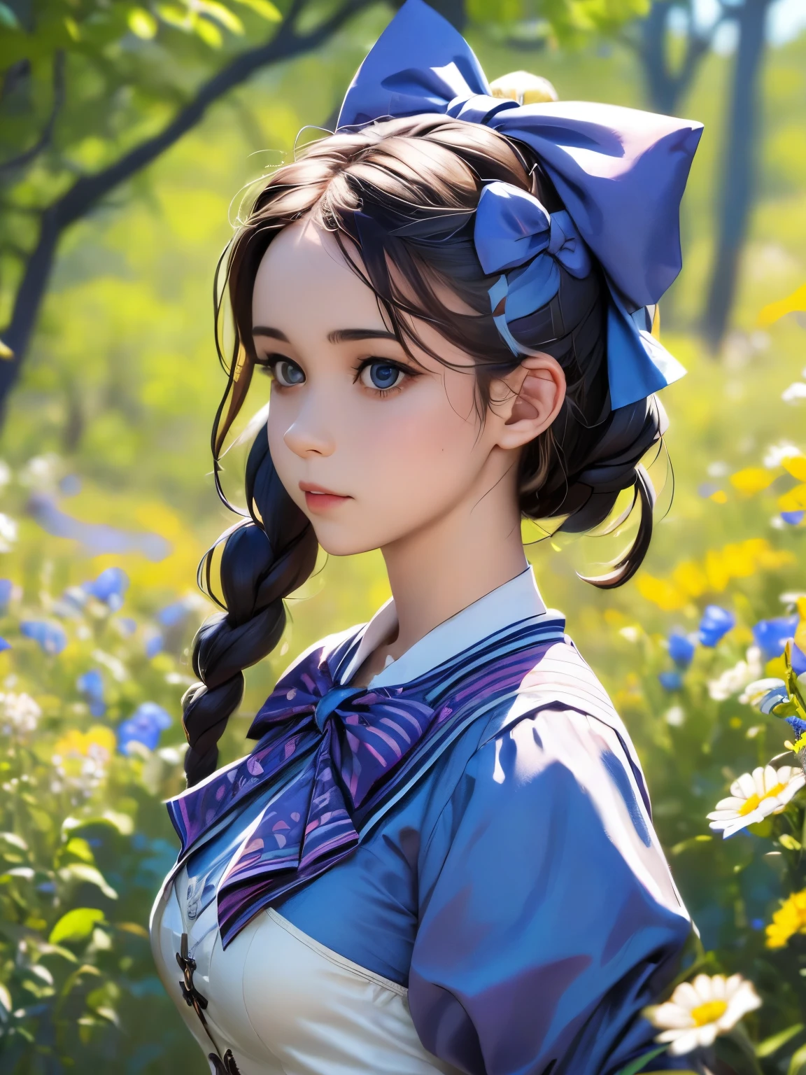 1girl, masterpiece, best quality, 8k, detailed skin texture, detailed cloth texture, beautiful detailed face, intricate details, ultra detailed, Alice in Wonderland, (a bow on her head:1.1), upper body