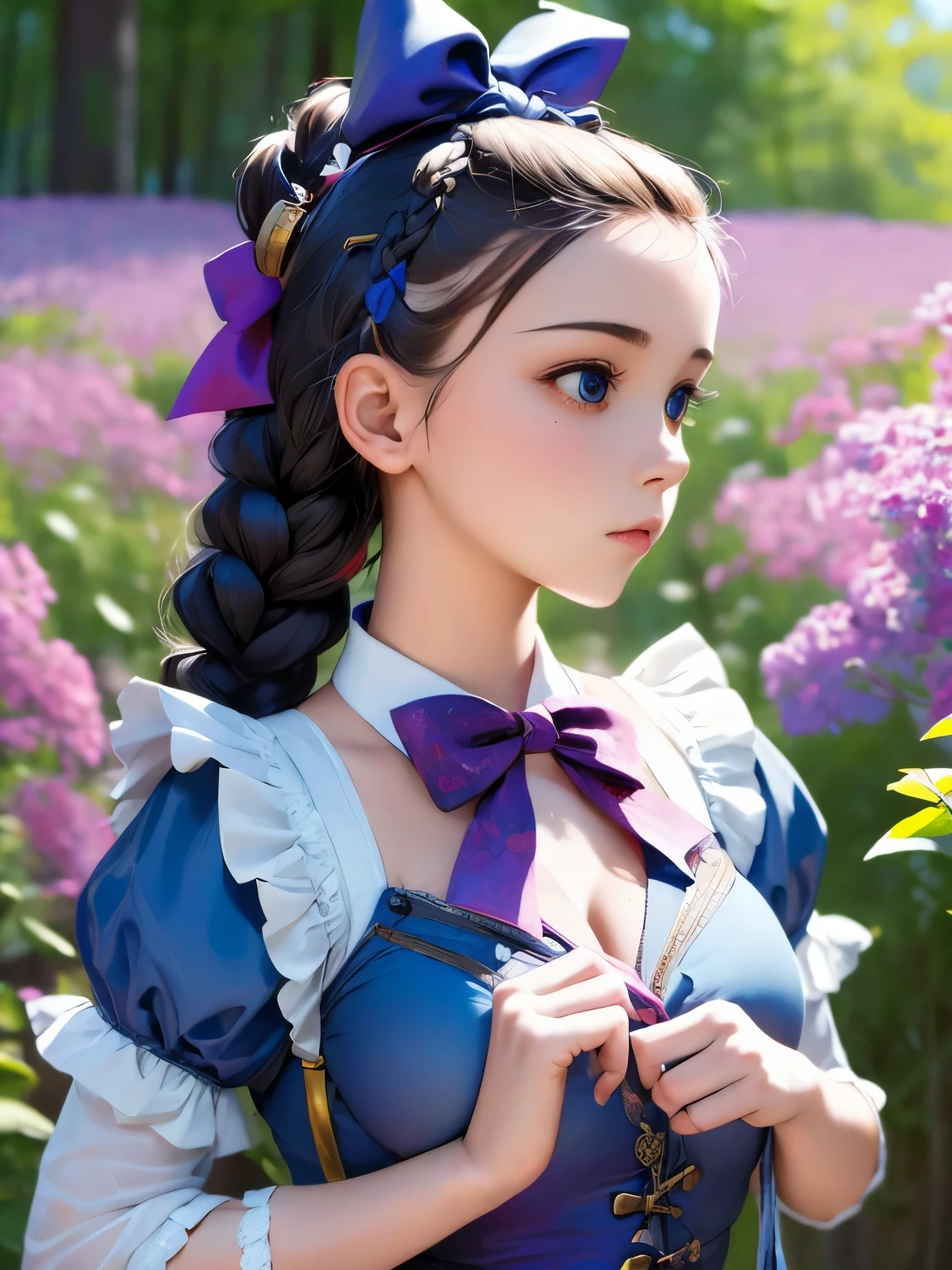 1girl, masterpiece, best quality, 8k, detailed skin texture, detailed cloth texture, beautiful detailed face, intricate details, ultra detailed, Alice in Wonderland, (a bow on her head:1.1), upper body