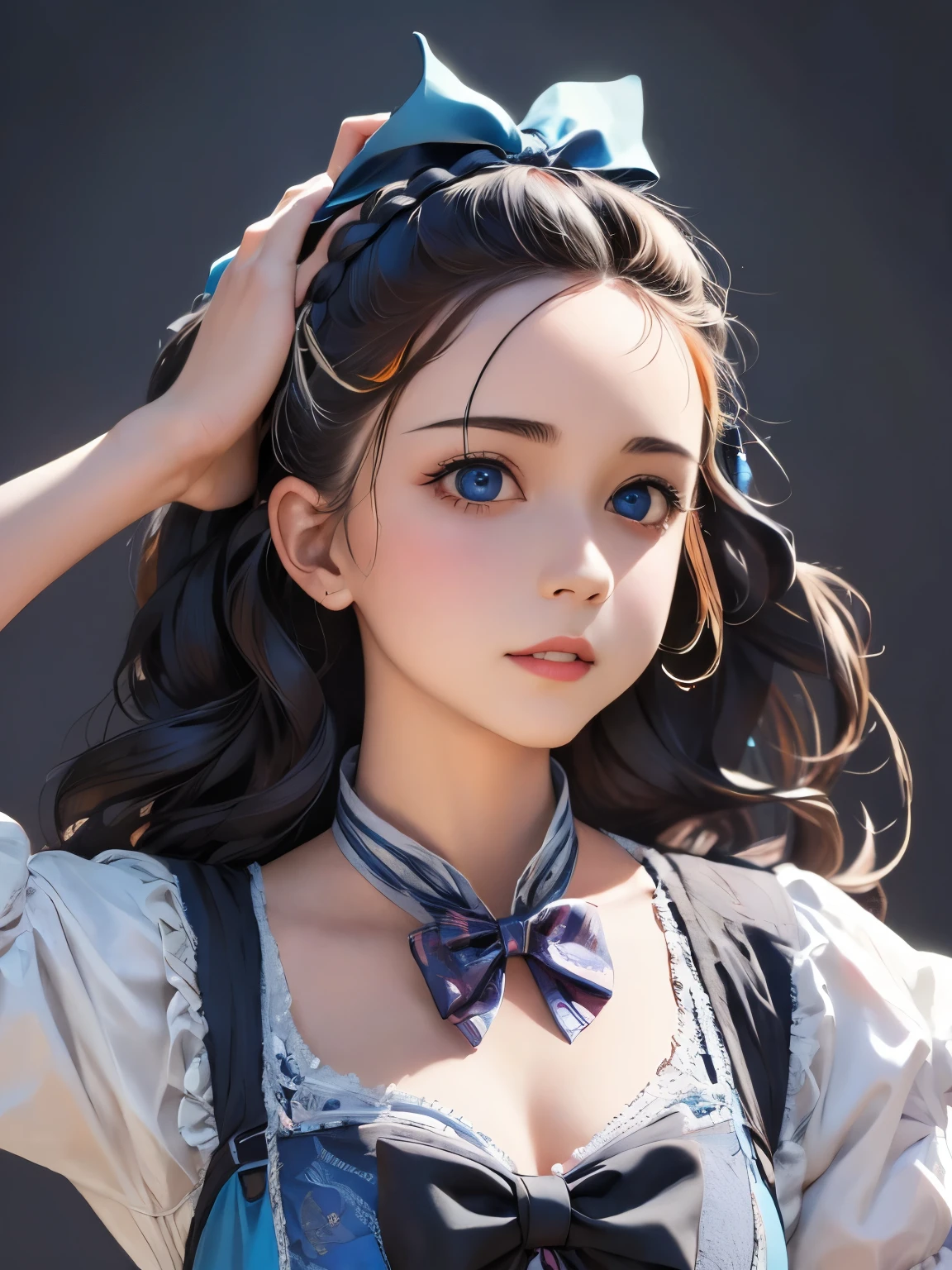 1girl, masterpiece, best quality, 8k, detailed skin texture, detailed cloth texture, beautiful detailed face, intricate details, ultra detailed, Alice in Wonderland, (a bow on her head:1.1), upper body