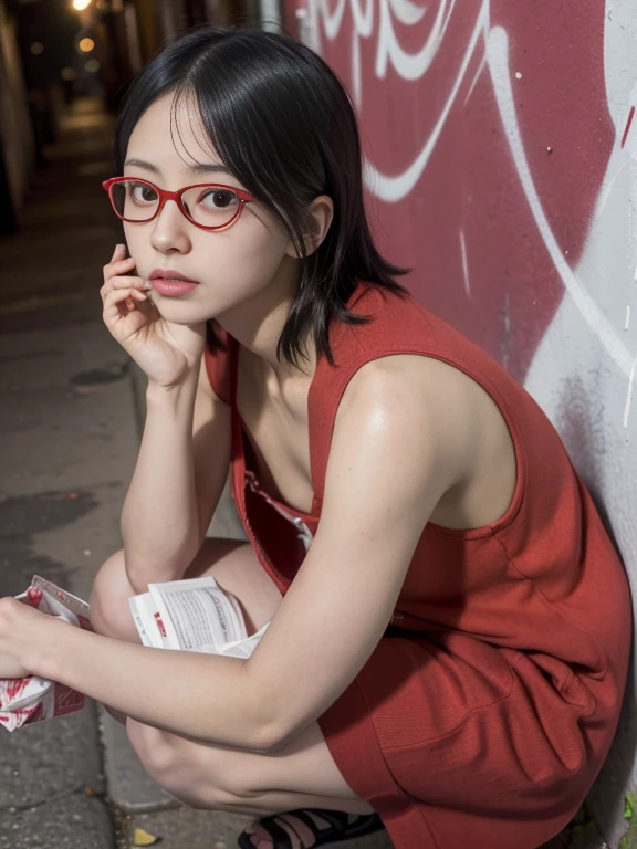 RAW Photos, 8k, (highest quality), Realistic, (live-action, Intricate details), (Natural skin texture, Detailed skin, Hyperrealism, Sharpness), (night、Japanese teenage girl with glasses squatting in a dirty back alley, graffitied wall:1.3), (( overblouse, munechira)), (Pale skin:1.2, Slender body), ((Straight short hair, Blunt bangs)), (Red frame glasses, attractive face, Provocative look, Lips parted:1.3, Sagging under the eyes:1.2, Red thick lips), graffiti:1.5, night間, Spot lighting:1.3, Upper Body Shot、