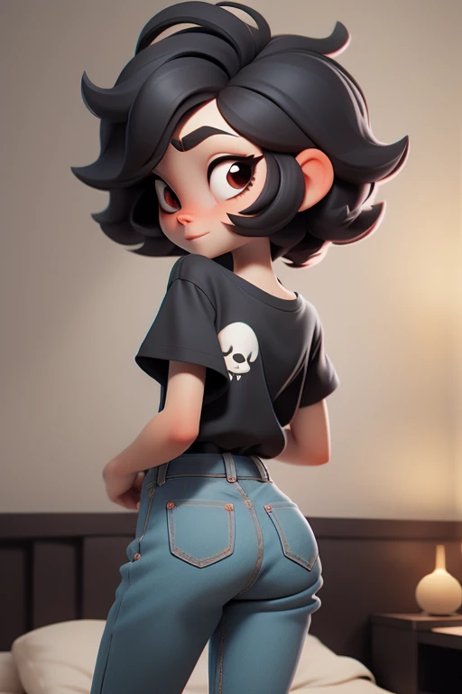 Huff, 3D face pattern, tomBoy with long short, Dyed short hair,long eyelasher,black t-shirts,(黑The eye) ,,, black hair color hair, tiny legs, small hips, skinny black jeans , on bedroom, guitars hanging on the walls, pale white skin, red eyes, back view, shy, lies on bed, lies on back,romantic ambiance