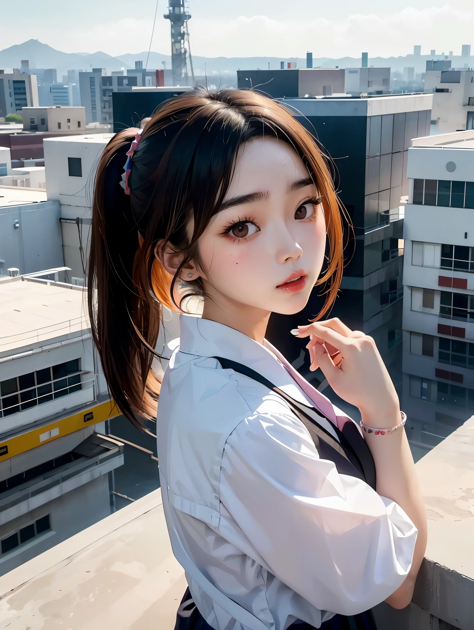 arafed woman standing on top of a building overlooking a city, ulzzang, korean girl, portrait of a japanese teen, dressed with long fluent clothes, 🤤 girl portrait, chiho, Yoshitomo Nara, portrait of jossi of blackpink, young asian girl, from 8 k matte, e-girl, e - girl