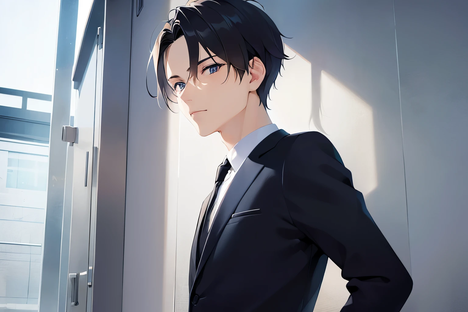 (portrait:1.5), shiny skin, masterpiece, top quality, (25 year old male: 1.5) and (short black hair) and (blue eyes), Work clothes, standing, serious, in the warehouse, (alone: 1.5)