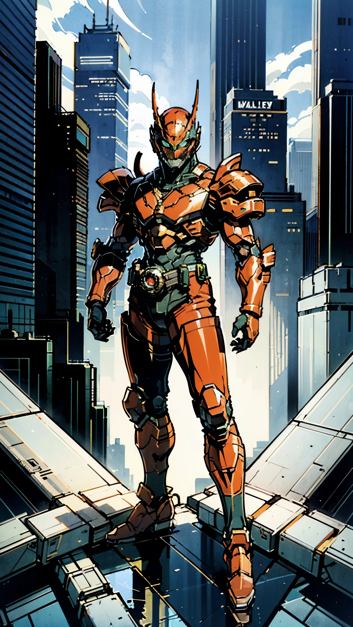 A man wearing a full-face helmet, a fantasy-style biomecha armored combat suit, green eyes, a composite layered chest armor, fully enclosed shoulder guards, matching arm and leg guards, the belt is adorned with dragon claw grasping orbs, (primarily black with red accents), the design balances heavy with agility, a high-tech biological armor, (Wolf concept Armor, stand on the top of a skyscraper in a futuristic sci-fi city), this character embodies a finely crafted fantasy-surreal style armored hero in anime style, exquisite and mature manga art style, (element, plasma, energy, the armor glows), ((male:1.5)), metallic, real texture material, dramatic, high definition, best quality, highres, ultra-detailed, ultra-fine painting, extremely delicate, professional, perfect body proportions, golden ratio, anatomically correct, symmetrical face, extremely detailed eyes and face, high quality eyes, creativity, RAW photo, UHD, 32k, Natural light, cinematic lighting, masterpiece-anatomy-perfect, masterpiece:1.5