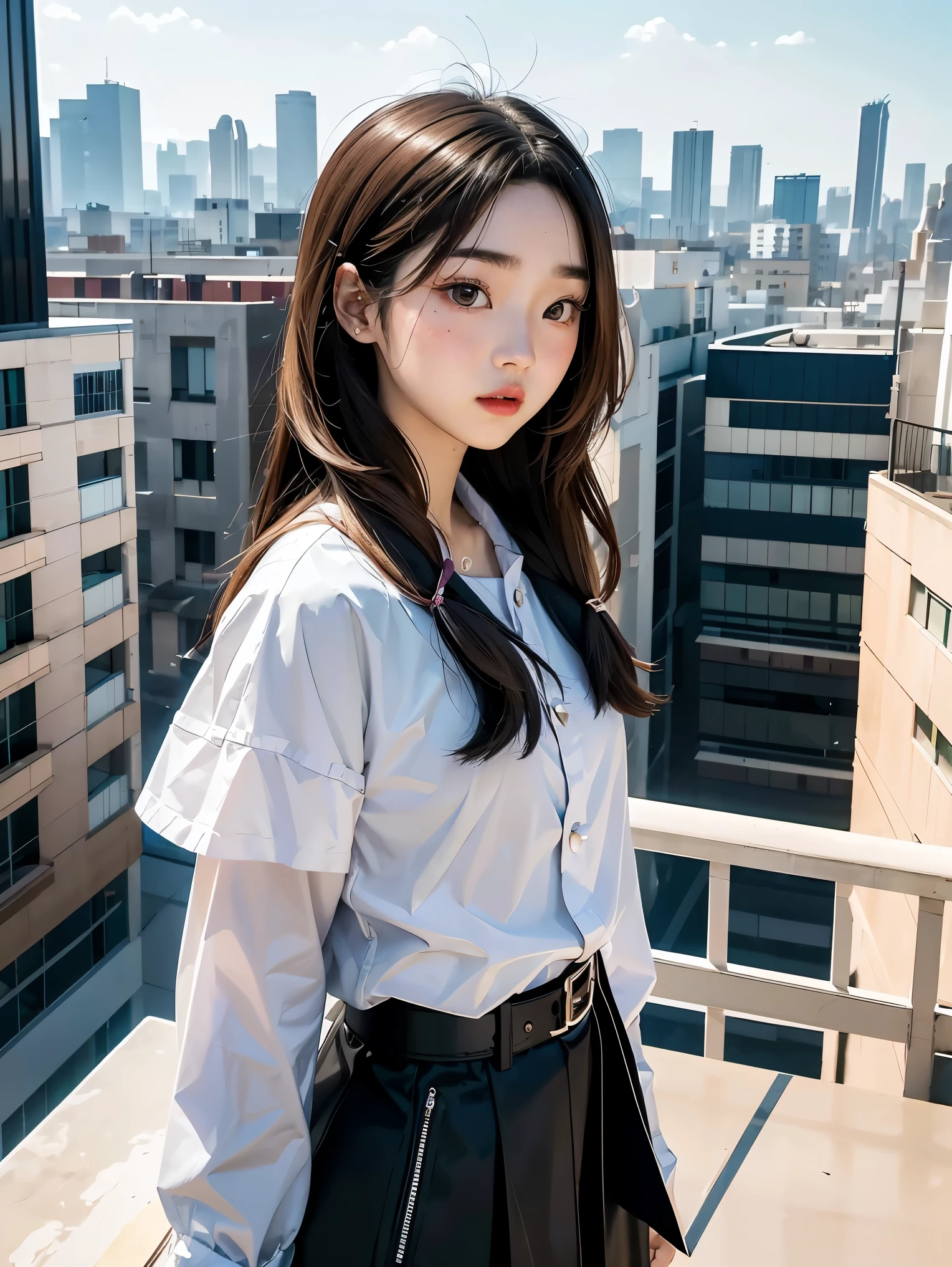 arafed woman standing on top of a building overlooking a city, ulzzang, korean girl, portrait of a japanese teen, dressed with long fluent clothes, 🤤 girl portrait, chiho, Yoshitomo Nara, portrait of jossi of blackpink, young asian girl, from 8 k matte, e-girl, e - girl