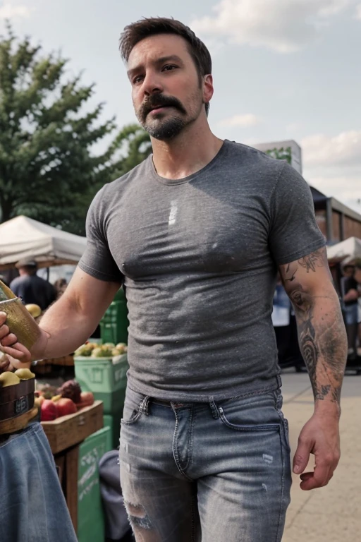 JordanBrandt, 45yo, short mustache and beard, wearing a t-shirt and gray jeans, at the farmers market,