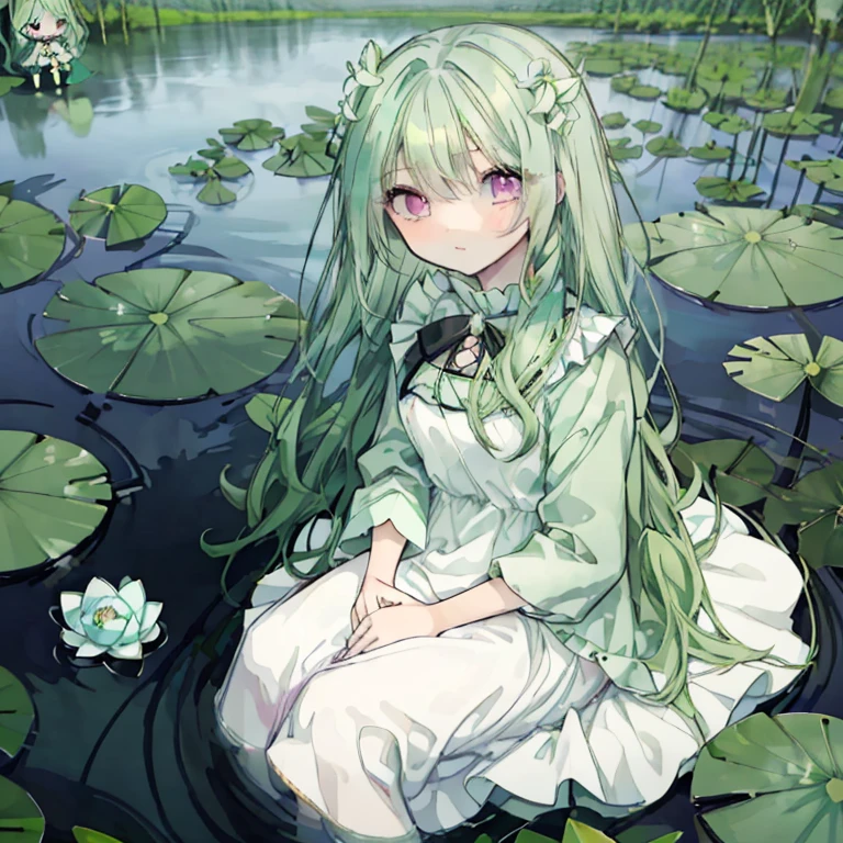 1 girl,Mint green hair,Long Hair,Curly Hair,Pink Eyes,Like a doll,cute,White Dress,Sitting on a beautiful lake,Water lilies blooming in profusion,Fantasy,gorgeous,