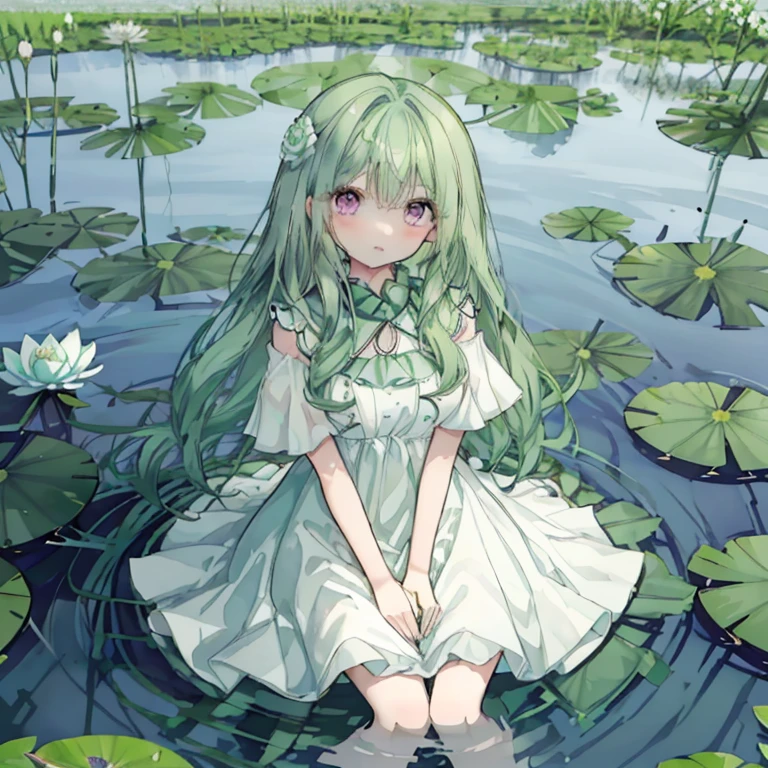 1 girl,Mint green hair,Long Hair,Curly Hair,Pink Eyes,Like a doll,cute,White Dress,Sitting on a beautiful lake,Water lilies blooming in profusion,Fantasy,gorgeous,