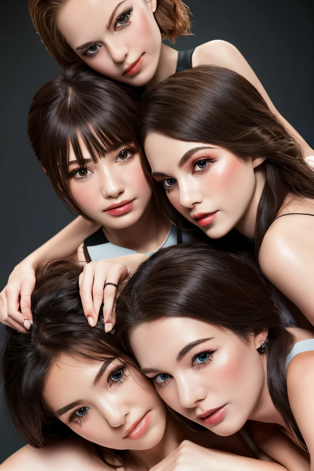 highest quality, masterpiece, Detailed skin texture, Detailed cloth texture, Detailed face, Super Detail, 8K, Intricate details, 20 cute girls stacking on each other, whole bodies, pile on, pile up, human tower, more girls wanting to ride