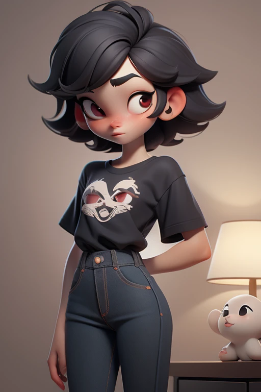 Huff, 3D face pattern, tomBoy with long short, Dyed short hair,long eyelasher,black t-shirts,(黑The eye) ,,, black hair color hair, tiny legs, small hips, skinny black jeans , on bedroom, guitars hanging on the walls, pale white skin, red eyes, shy, lies on bed, lies on back,romantic ambiance, front view 