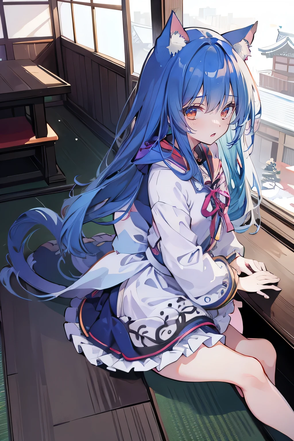 (masterpiece:1.2),Super detailed,lifelike,Expressive eyes,fair skin,perfect face shape,1 girl,
Japanese comics,Gorgeous blue hair,flowing blue hair,flowing clothes,Cat ears,Petals fall,beautiful lola,Baby Angel,sunrise,
Cross your legs,Gentle and peaceful background,The pavilion is cool and comfortable,smile, wearing hoodie, background of tokyo,back views,snowing, winter.