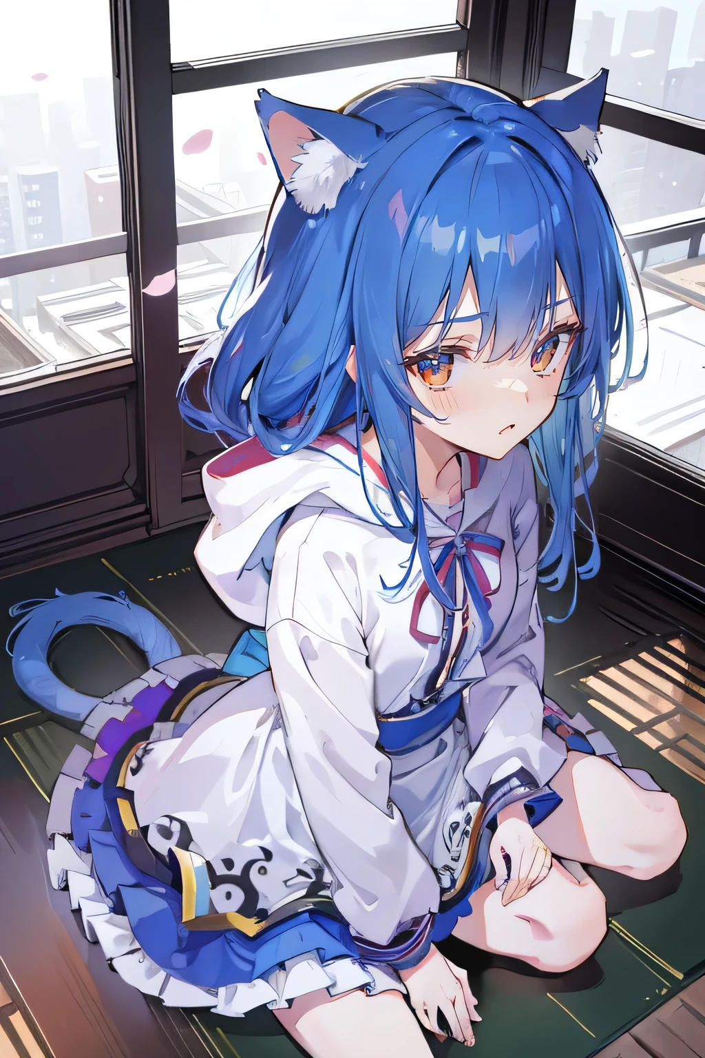 (masterpiece:1.2),Super detailed,lifelike,Expressive eyes,fair skin,perfect face shape,1 girl,
Japanese comics,Gorgeous blue hair,flowing blue hair,flowing clothes,Cat ears,Petals fall,beautiful lola,Baby Angel,sunrise,
Cross your legs,Gentle and peaceful background,The pavilion is cool and comfortable,smile, wearing hoodie, background of tokyo,back views,snowing, winter.
