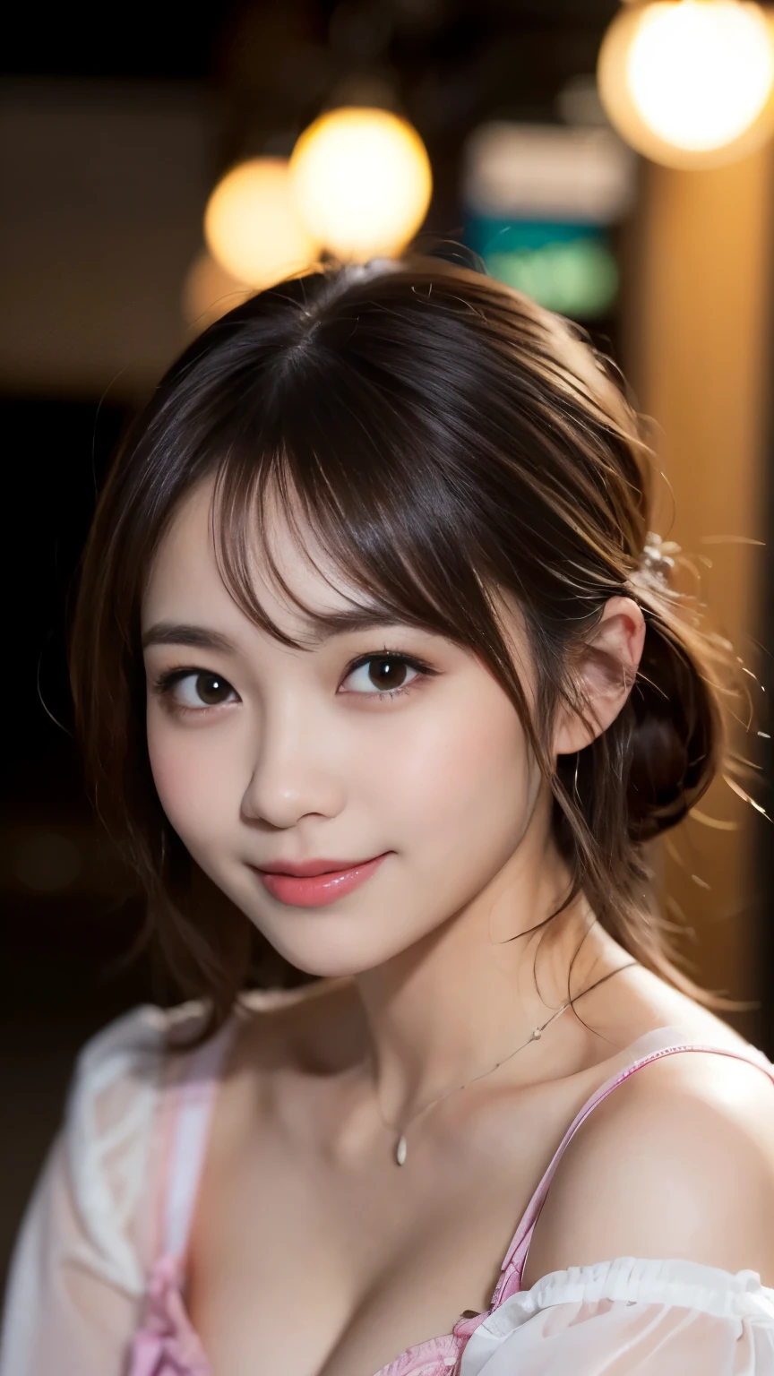 (8k,RAW Photos、RAW Photos、highest quality、Masterpiece:1.2)、Very detailed、Super Resolution、(Photorealistic:1.3)、Front view angle、Clear depiction of light and shadow、High-resolution RAW color photos、Professional photos、Same skin type as humans、Japan female proofreading from the top of the head to the waist、Blur the background、Draw faithfully to anatomy.、City of night、Very detailed and beautiful、super high quality、length、Brown hair fluttering in the night breeze、Her hair is flowing and sexy、Very detailedな美しい女の子、(Pink Eyeshadow)、smile、Private Server、whole body、sexy shot looking at camera