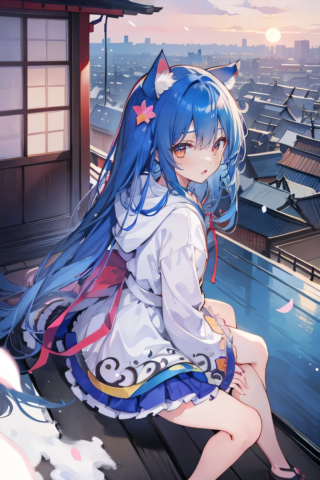 (masterpiece:1.2),Super detailed,lifelike,Expressive eyes,fair skin,perfect face shape,1 girl,
Japanese comics,Gorgeous blue hair,flowing blue hair,flowing clothes,Cat ears,Petals fall,beautiful lola,Baby Angel,sunrise,
Cross your legs,Gentle and peaceful background,The pavilion is cool and comfortable,smile, wearing hoodie, background of tokyo,back views,snowing, winter.