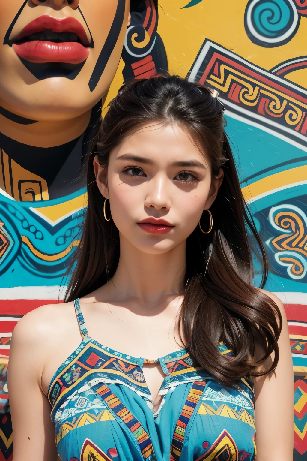 A beautiful woman wearing a 90s retro dress in front of a Mayan mural., model pose, (Highly detailed facial expressions), 