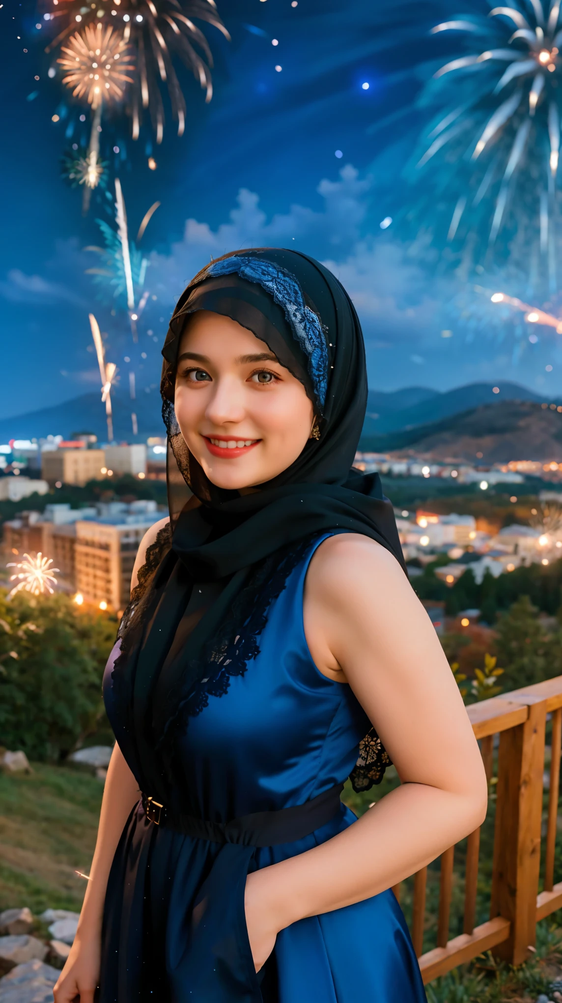 Adorable , Gorgeous Multiple Girl , Beautiful , Russian Baby Face , Large Colossal Chest , 30 Years Old , White Skin , Sleeveless Hijab Lace Muslim Dress , Top of The Mountain Background , Wind , Laughing , Tighten Breast , ((Bokeh:1.1)) , Blue Eye , Black Coloured , ((Firework:1.1)) , ((Night:1.1)) , Standing Pose , HDR , Ultra Detailed , Canon EF 24-70mm f/2.8L II USM