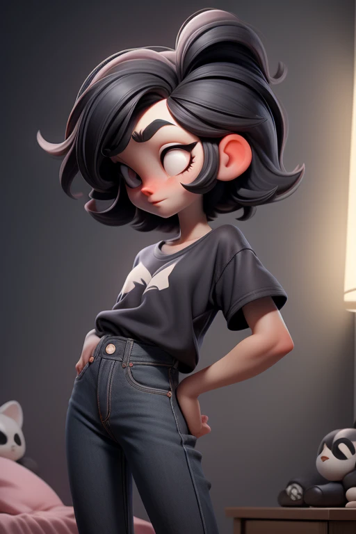 Huff, 3D face pattern, tomBoy with long short, Dyed short hair,long eyelasher,black t-shirts,(黑The eye) ,,, black hair color hair, tiny legs, small hips, skinny black jeans , on bedroom, guitars hanging on the walls, pale white skin, red eyes, back view, shy
