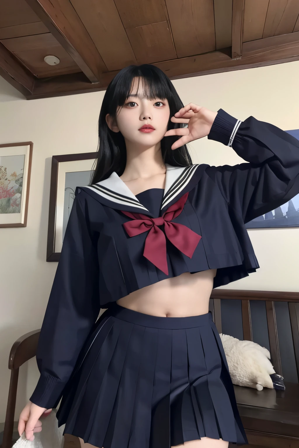 Masterpiece、highest quality、Woman 1、Super detailed、View from directly below　Black Hair　Face seen from below　Japanese 、Sailor suit、Pleated skirt　Muscular belly、Large Breasts、under boob、Underboob、Looking down at the chest、Behind the chest　Sailor suitを真下から覗く　ceiling