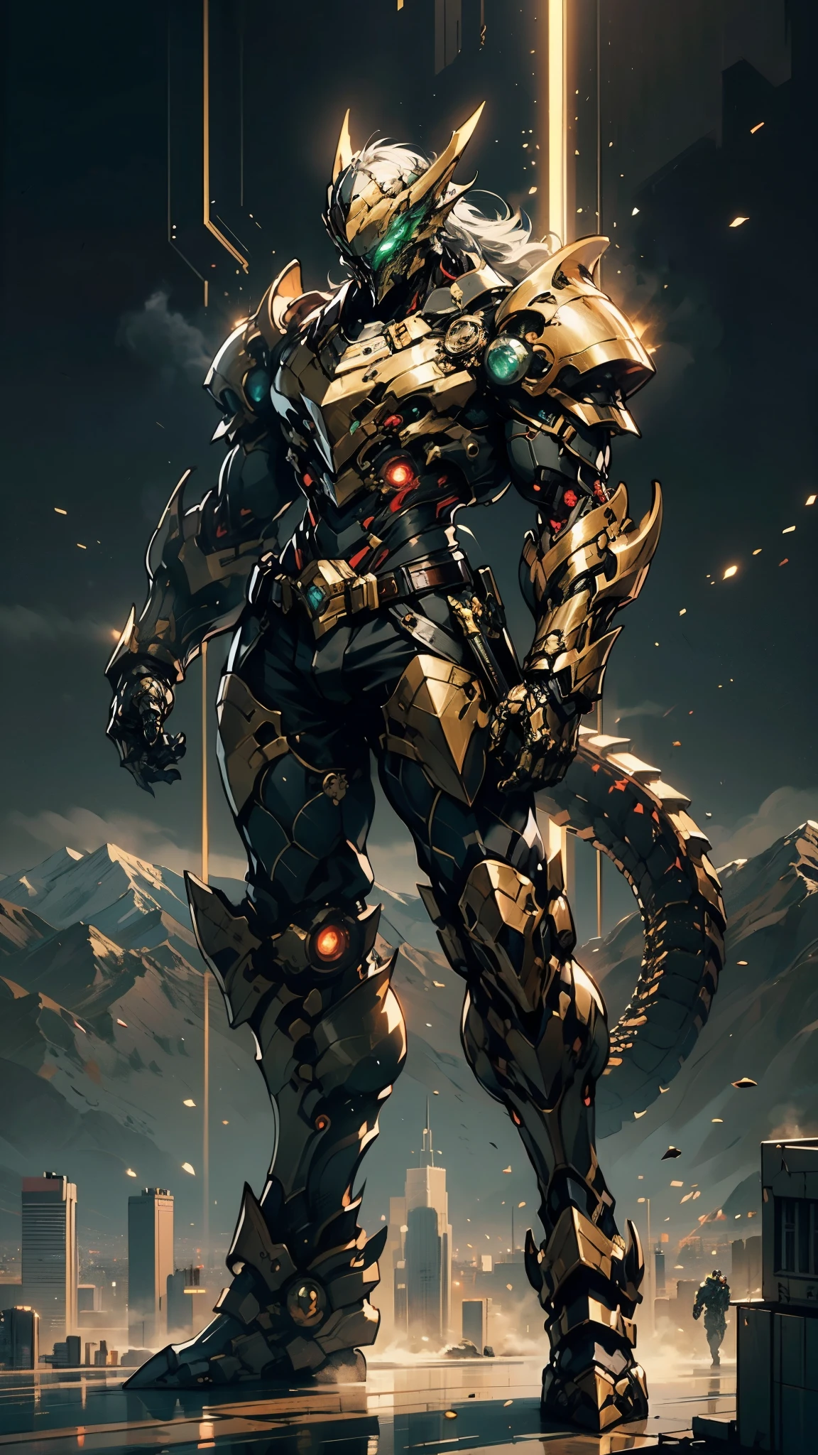 A man wearing a full-face helmet, a fantasy-style biomecha armored combat suit, green eyes, a composite layered chest armor, fully enclosed shoulder guards, matching arm and leg guards, the belt is adorned with dragon claw grasping orbs, (primarily black with red accents), the design balances heavy with agility, a high-tech biological armor, (Wolf concept Armor, stand on the top of a skyscraper in a futuristic sci-fi city), this character embodies a finely crafted fantasy-surreal style armored hero in anime style, exquisite and mature manga art style, (element, plasma, energy, the armor glows), ((male:1.5)), metallic, real texture material, dramatic, high definition, best quality, highres, ultra-detailed, ultra-fine painting, extremely delicate, professional, perfect body proportions, golden ratio, anatomically correct, symmetrical face, extremely detailed eyes and face, high quality eyes, creativity, RAW photo, UHD, 32k, Natural light, cinematic lighting, masterpiece-anatomy-perfect, masterpiece:1.5