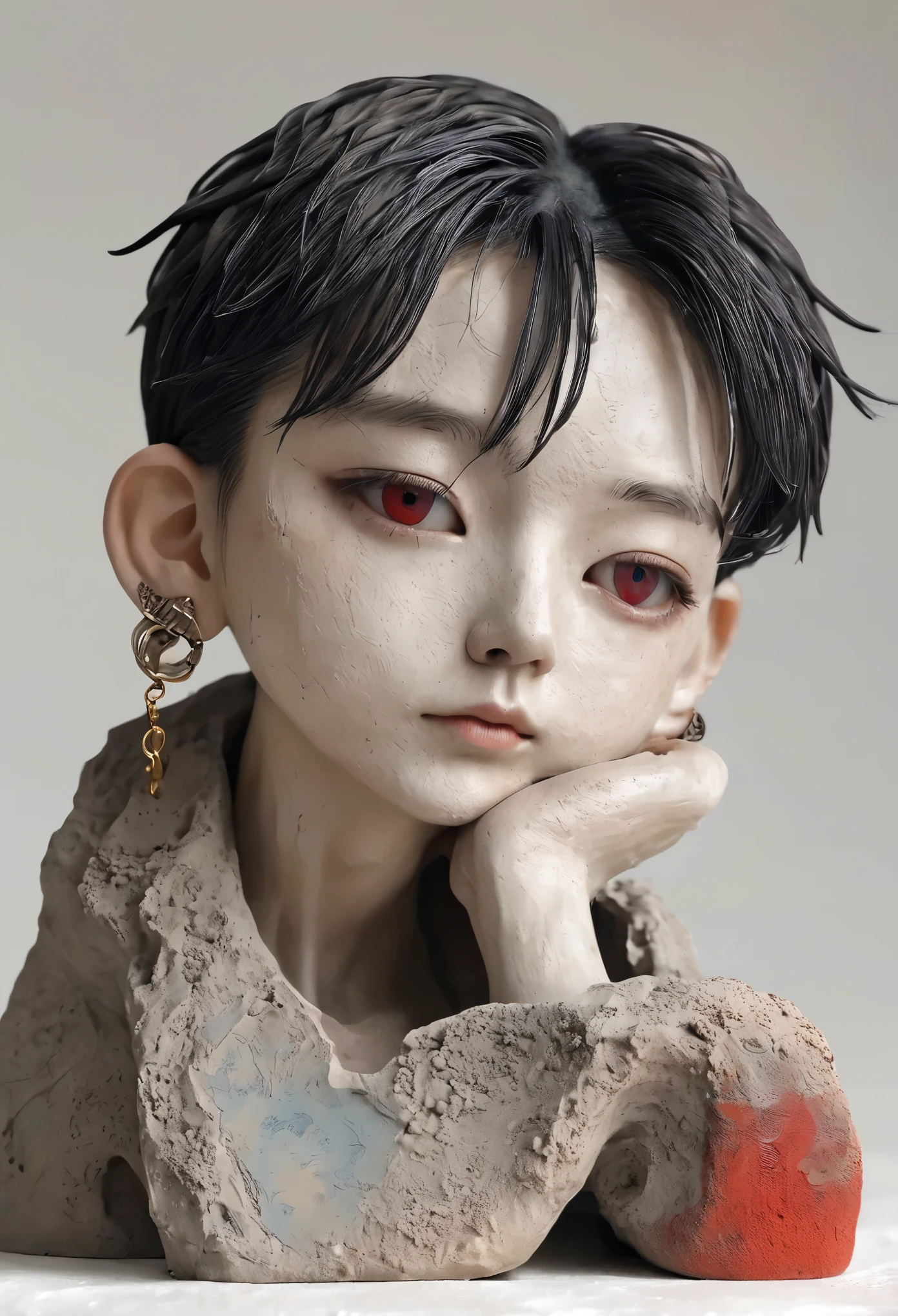 (masterpiece, best quality:1.2),Ultra-light clay，soil，Clay，Rough knitted texture，Old，Dirty， Mineral pigments，3DClayclay sculpture艺术，clay sculpture，Rough surface，（1boy,earrings,jewelry,male focus,piercing,red eyes,sandals,solo,tattoo