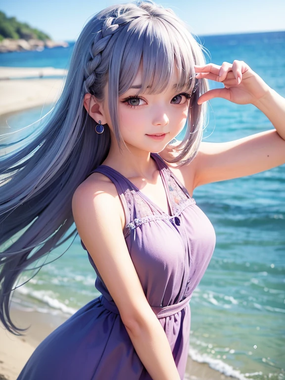 Small breasts、(high quality, masterpiece), One Girl, 、stop temporarily, particle, Wind, flower, Upper Body, Simple Background, View your audience, , milky way,smile、Turquoise Eyes、(Long silver and light blue hair)、Red eyeshadow、薄いpinkの口紅、flower柄、pink、、pinkセクシーロリータ水着、Braid、Cute earrings、Wind、blue sky、Dynamic pose、Looking up at the sky、Thick thighs、Big Ass、smile、It should be but it's happening