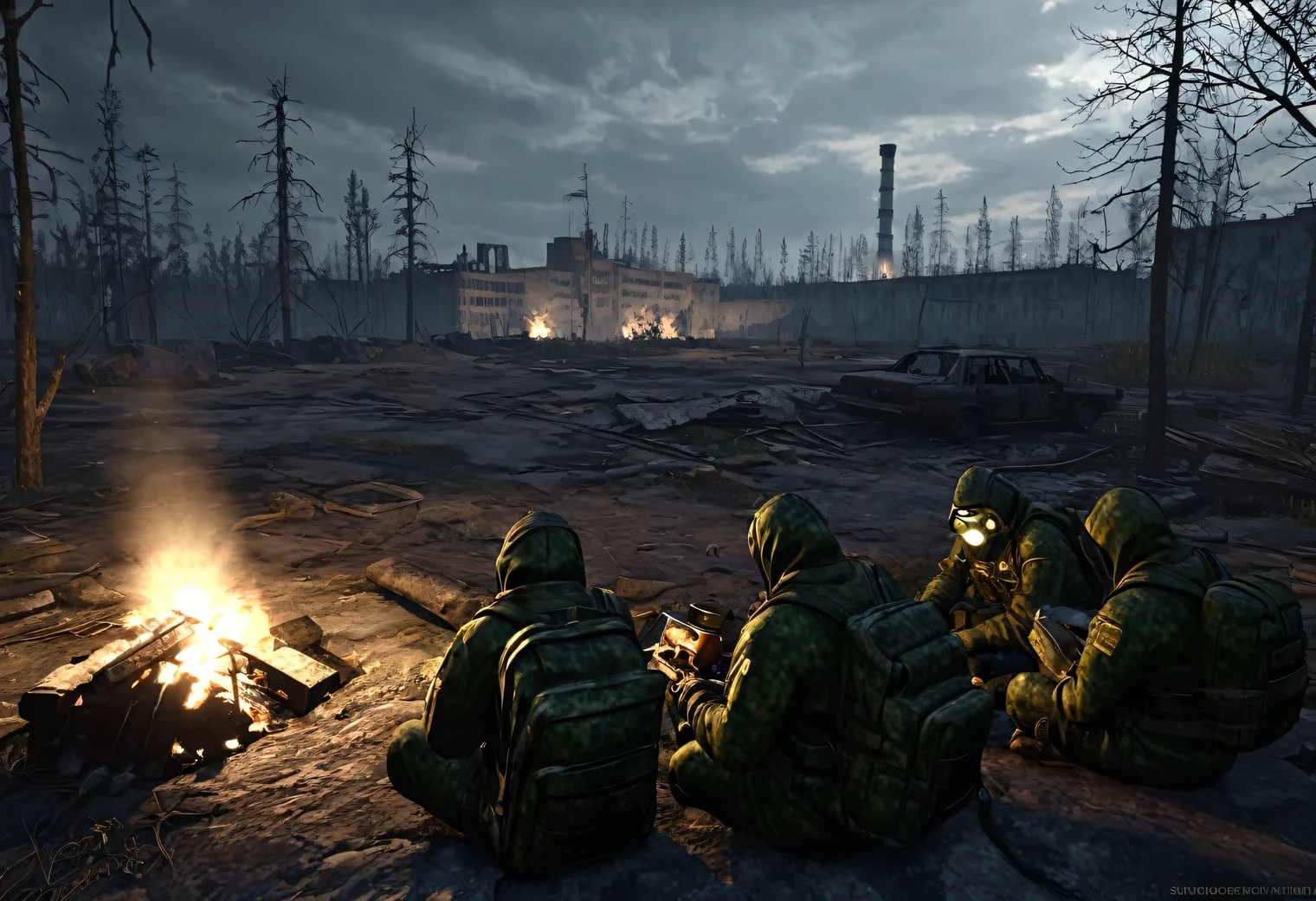 The theme is based on the game Stalker Shadow of Chernobyl, a realistic image in the style of a high-resolution computer video game, the surroundings of the city of Pripyat destroyed by disaster and time, the Chernobyl nuclear power plant is visible in the distance, dangerous anomalies with dark discharge energy and lightning are visible around, clusters of anomalies sparkle and shine, in the foreground 4 stalkers among the ruins are sitting around a campfire and they eat canned food, stalkers in camouflage and stalker gear, glowing artifacts and unique objects are visible near the ruins, S.T.A.L.K.E.R. project, resolution 32k