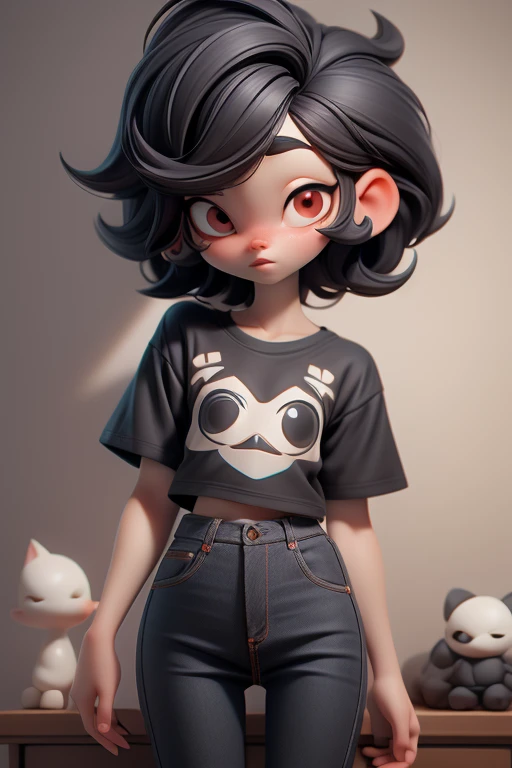 Huff, 3D face pattern, tomBoy with long short, Dyed short hair,long eyelasher,black t-shirts,(黑The eye) ,,, black hair color hair, tiny legs, small hips, skinny black jeans , on bedroom, guitars hanging on the walls, pale white skin, red eyes, shy, lies on bed, romantic ambiance, 