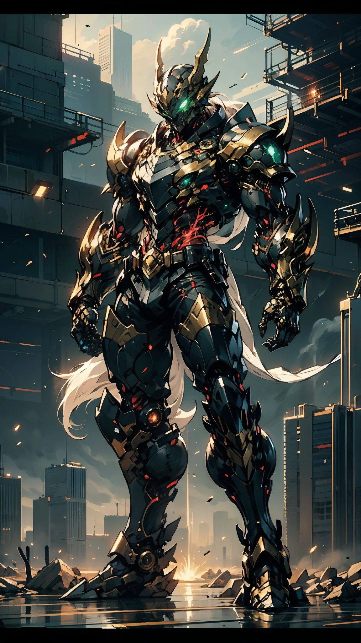 A man wearing a full-face helmet, a fantasy-style biomecha armored combat suit, green eyes, a composite layered chest armor, fully enclosed shoulder guards, matching arm and leg guards, the belt is adorned with dragon claw grasping orbs, (primarily black with red accents), the design balances heavy with agility, a high-tech biological armor, (Wolf concept Armor, stand on the top of a skyscraper in a futuristic sci-fi city), this character embodies a finely crafted fantasy-surreal style armored hero in anime style, exquisite and mature manga art style, (element, plasma, energy, the armor glows), ((male:1.5)), metallic, real texture material, dramatic, high definition, best quality, highres, ultra-detailed, ultra-fine painting, extremely delicate, professional, perfect body proportions, golden ratio, anatomically correct, symmetrical face, extremely detailed eyes and face, high quality eyes, creativity, RAW photo, UHD, 32k, Natural light, cinematic lighting, masterpiece-anatomy-perfect, masterpiece:1.5