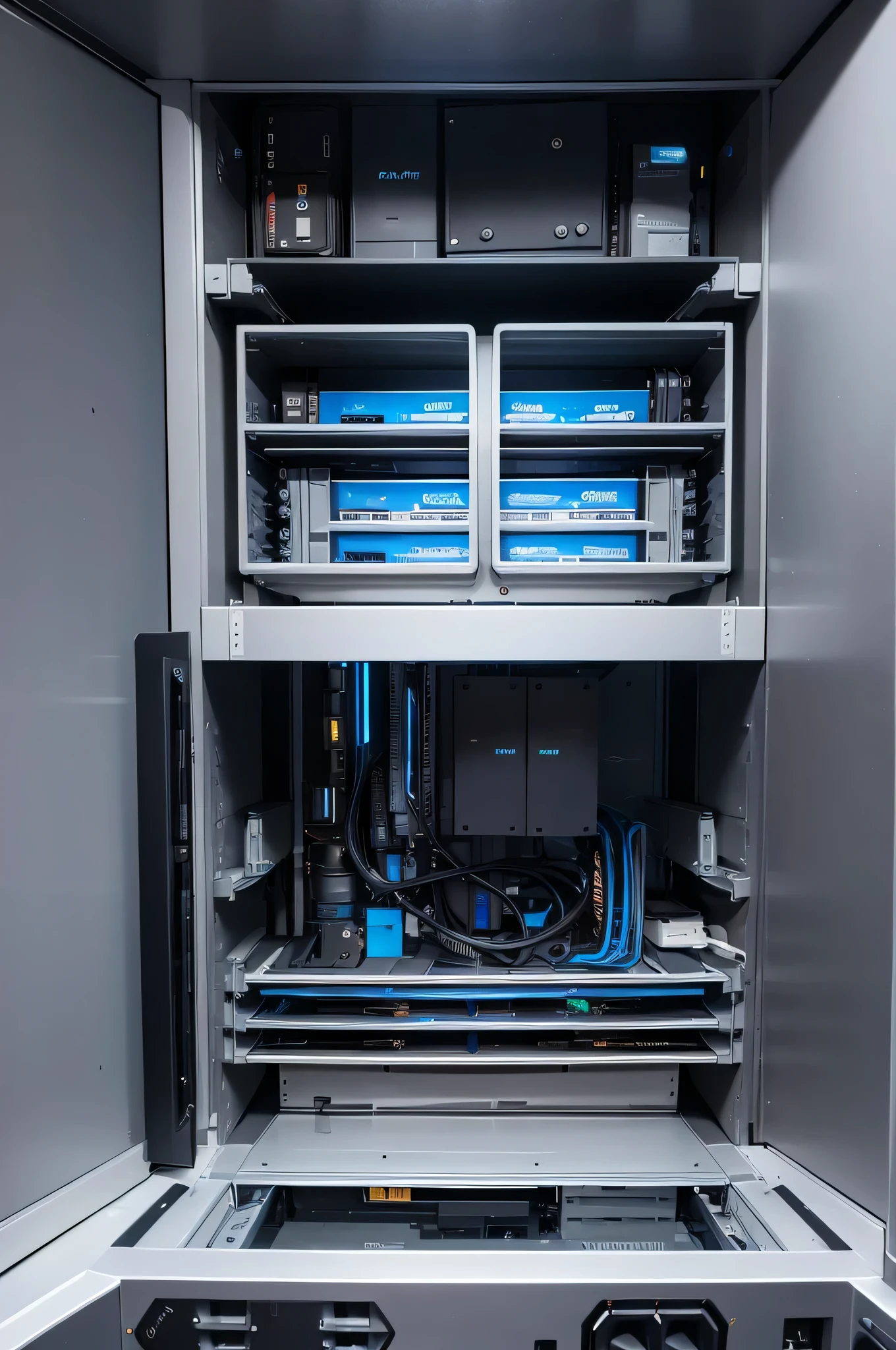 A black chassis cabinet,The interior is divided into many layers from top to bottom,Each layer has a blue balancing circuit PCB motherboard Add the four characters "Smart Storage Technology" in the middle as a logo