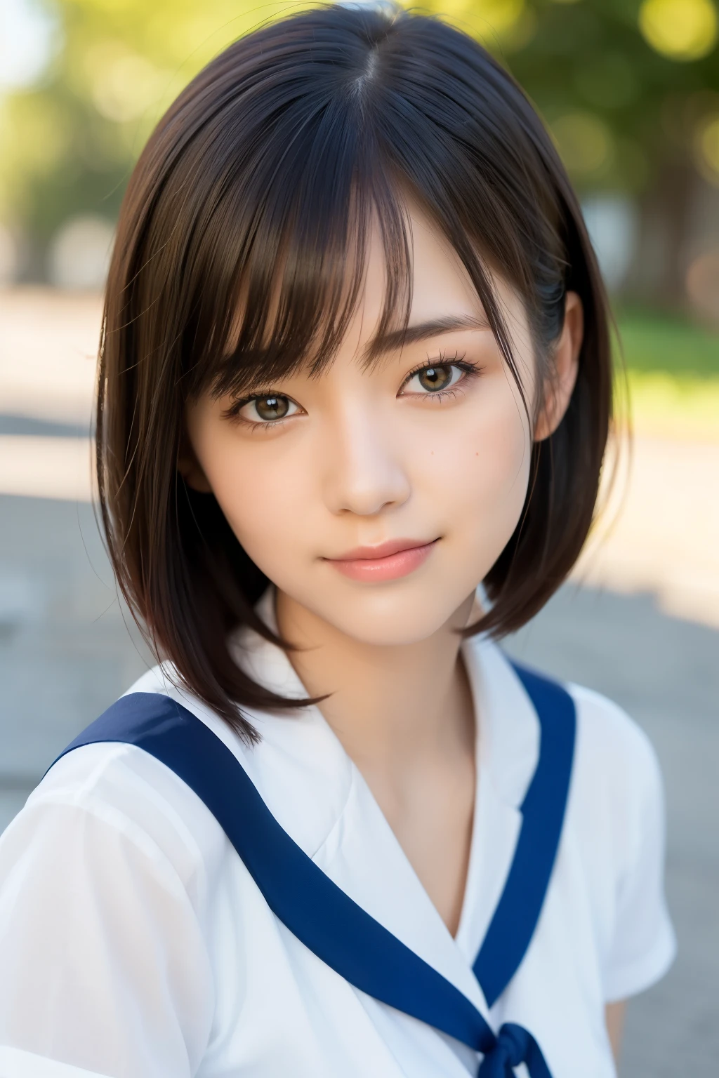 (highest quality:1.5), (Realistic:1.5), (1 person:1.5), (Upper Body:1.5), Very detailed, High resolution, 8k wallpaper, , Small breasts, Natural color lips, Cute Smile, Japanese women, 20-year-old girl, Beautiful and elegant face, Perfect and beautiful face, Big eyes, Brunette eyes, Beautiful and elegant face, Natural double eyelids, Natural Bangs, Beautiful thin nose, Beautiful Skin, Chestnut Hair, Medium Bob Hair, Short Hair, Natural Bangs, Perfect and beautiful face, Slim face and figure, (Looking at the camera with a cute expression), Bright lighting, Professional Lighting, Forward lighting, Cute Smile, (High School Uniform), (Girls' High School School Uniform), Beautiful clavicle, Facing forward, Simple poses, Fair skin, slender, Glowing Skin, Beautiful Skin, (Sailor suit), Schoolyard, White short-sleeved blouse shirt, navy pleated micro miniskirt,