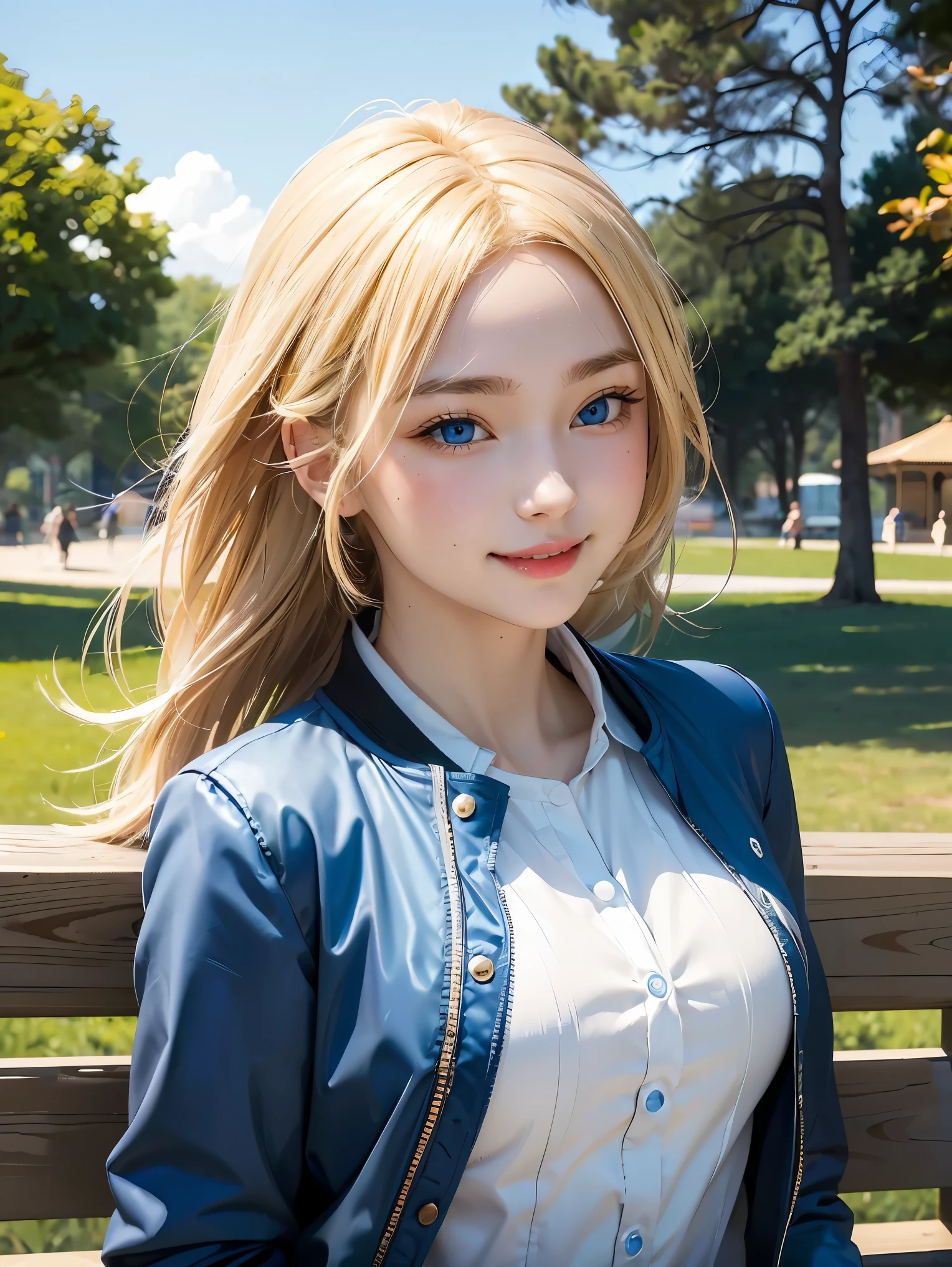 masterpiece, best quality, 1girl, beautiful, fine, delicate, extremely intricate, detailed, blonde hair, jacket, blue eyes, ((masterpiece)), extremely detailed, best quality, high resolution, ((at a park)), Bridget, smile,