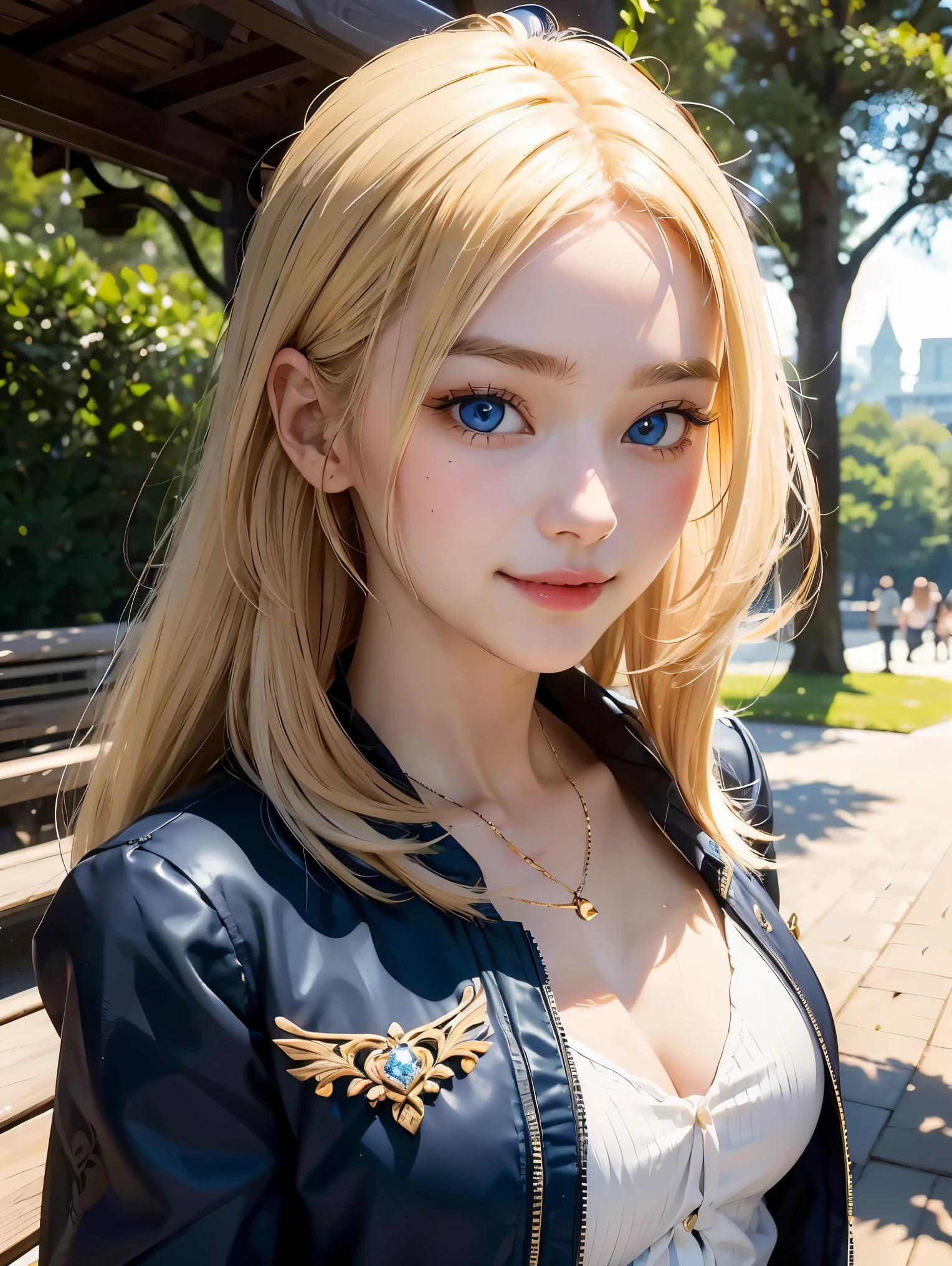 masterpiece, best quality, 1girl, beautiful, fine, delicate, extremely intricate, detailed, blonde hair, jacket, blue eyes, ((masterpiece)), extremely detailed, best quality, high resolution, ((at a park)), Bridget, smile,