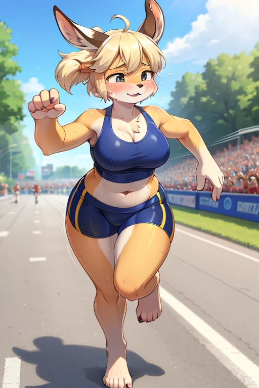 High-definition face , furry Gazelle girl , round face , (tilt face:1.2) , moist eyes , (Swollen cheeks:1.2) , glossy lips , flat chest , Lower back swelling , tight fit gym wear , harf gym shorts , barefoot , Sprinting in the marathon , (motion blur) , sweat stain