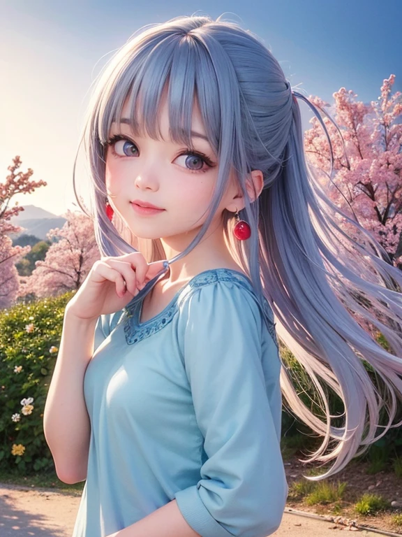 Small breasts、(high quality, masterpiece), One Girl, 、stop temporarily, particle, Wind, flower, Upper Body, Simple Background, View your audience, , milky way,smile、Turquoise Eyes、（Long silver and light blue hair）、Red eyeshadow、薄いpinkの口紅、flower柄、pink、、pinkセクシーロリータ水着、Braid、Cute earrings、Wind、blue sky、Dynamic pose、Looking up at the sky、Thick thighs、Big Ass、smile、It should be but it&#39;s happening