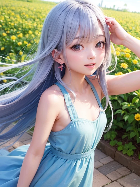 Small breasts、(high quality, masterpiece), One Girl, 、stop temporarily, particle, Wind, flower, Upper Body, Simple Background, View your audience, , milky way,smile、Turquoise Eyes、(Long silver and light blue hair)、Red eyeshadow、薄いpinkの口紅、flower柄、pink、、pinkセクシーロリータ水着、Braid、Cute earrings、Wind、blue sky、Dynamic pose、Looking up at the sky、Thick thighs、Big Ass、smile、It should be but it's happening