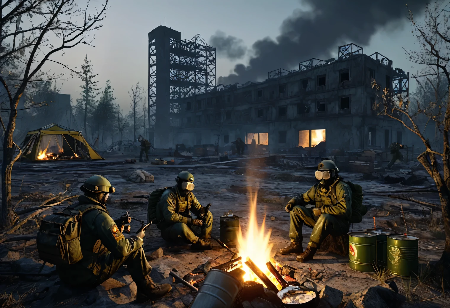 The theme is based on the game Stalker Shadow of Chernobyl, a realistic image in the style of a high-resolution computer video game, the surroundings of the city of Pripyat destroyed by disaster and time, the Chernobyl nuclear power plant is visible in the distance, dangerous anomalies with dark destructive energy and lightning are visible around, clusters of anomalies sparkle and shine, in the foreground 4 stalkers are sitting around a campfire and eating among the ruins canned food, open cans of canned food stand around the campfire, stalkers in camouflage and stalker gear, glowing artifacts and unique objects are visible near the ruins, S.T.A.L.K.E.R. project, 32k resolution, cinematographic processing, high texture smoothing, realism, cinematography, high definition, in detail