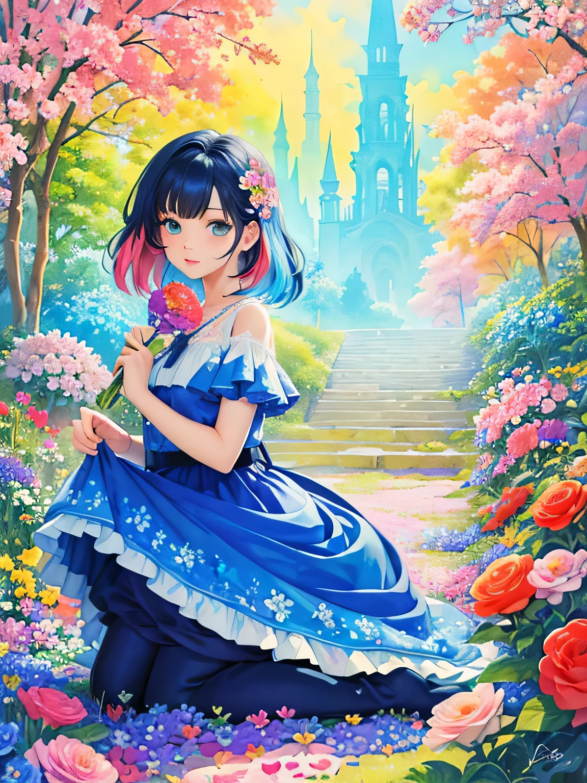 12stairs Style、(((Landmine fashion))), 8K Quality、Intense watercolor, Detailed watercolor art, Watercolor splash, Surreal, avant-garde pop art, Beautiful and expressive paintings, Beautiful artwork illustration, Very colorful tones, wonderful, Cool beauty, highest quality、Official Art, Vector art, Stylish design, (((The most beautiful girl))), (((highest quality))), HDR, ((detailed)), (((Doodle Art)), ((masterpiece)), ((Super detailed)), (((Colorful flowers))),(((Stylish))), (((love)))