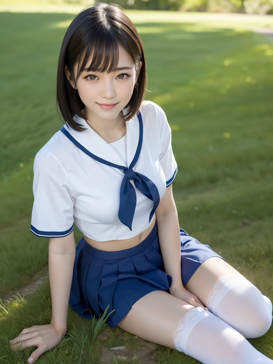 (highest quality:1.5)、(Realistic:1.5)、(1 person:1.5)、Very detailed、High resolution、8k、medium breasts、Natural color lips、Cute Smile、Japanese women、20-year-old girl、Beautiful and elegant face、Perfect and beautiful face、Balanced big eyes、Brunette eyes、Beautiful and elegant face、Natural double eyelids、Natural Bangs、Beautiful thin nose、Beautiful Skin、Medium Bob Hair、Natural Bangs、Perfect and beautiful face、Slim face and figure、Summer blue sky、Grass park on the mountain、Look at the viewers、Sit on the grass、School Sailor Uniform、White short-sleeved blouse shirt, navy pleated micro miniskirt,、Knee-high socks、Beautiful navel、Open the navel、臍が見えるSchool Sailor Uniformを着ている、High-angle composition、(Staring at the camera with a sweet smile)、Bright lighting、Professional Lighting、Forward lighting、Beautiful feet:1.2、Smooth Skin、Slim Body、Slim waistline、slim thin thighs、