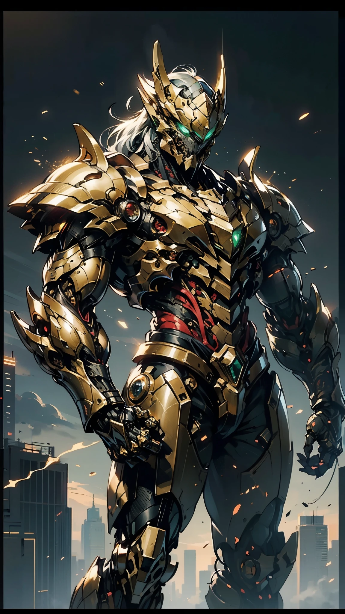 A man wearing a full-face helmet, a fantasy-style biomecha armored combat suit, green eyes, (a composite layered chest armor), fully enclosed shoulder guards, matching arm and leg guards, the belt is adorned with dragon claw grasping orbs, (primarily black with red accents), the design balances heavy with agility, a high-tech biological armor, (Wolf concept Armor, stand on the top of a skyscraper in a futuristic sci-fi city), this character embodies a finely crafted fantasy-surreal style armored hero in anime style, exquisite and mature manga art style, (element, plasma, energy, the armor glows), ((male:1.5)), metallic, real texture material, dramatic, high definition, best quality, highres, ultra-detailed, ultra-fine painting, extremely delicate, professional, perfect body proportions, golden ratio, anatomically correct, symmetrical face, extremely detailed eyes and face, high quality eyes, creativity, RAW photo, UHD, 32k, Natural light, cinematic lighting, masterpiece-anatomy-perfect, masterpiece:1.5