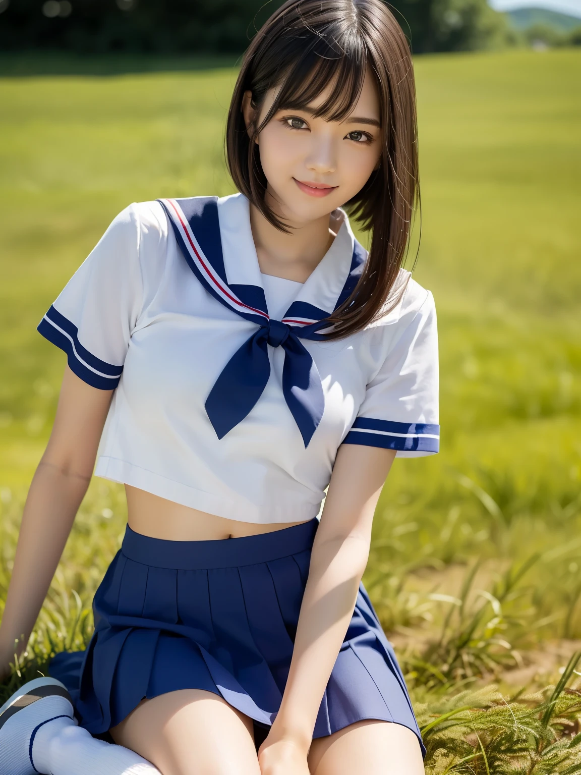 (highest quality:1.5)、(Realistic:1.5)、(1 person:1.5)、Very detailed、High resolution、8k、medium breasts、Natural color lips、Cute Smile、Japanese women、20-year-old girl、Beautiful and elegant face、Perfect and beautiful face、Balanced big eyes、Brunette eyes、Beautiful and elegant face、Natural double eyelids、Natural Bangs、Beautiful thin nose、Beautiful Skin、Medium Bob Hair、Natural Bangs、Perfect and beautiful face、Slim face and figure、Summer blue sky、Grass park on the mountain、Look at the viewers、School Sailor Uniform、White short-sleeved blouse shirt, navy pleated micro miniskirt,、Knee-high socks、Beautiful navel、Open the navel、臍が見えるSchool Sailor Uniformを着ている、High-angle composition、(Staring at the camera with a sweet smile)、Bright lighting、Professional Lighting、Forward lighting、Beautiful feet:1.2、Smooth Skin、Slim Body、Slim waistline、slim thin thighs、(on one knee)、(Angle from the front)、