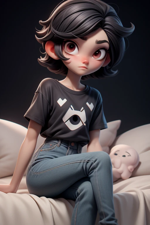 Huff, 3D face pattern, tomBoy with long short, Dyed short hair,long eyelasher,black t-shirts,(黑The eye) ,,, black hair color hair, tiny legs, small hips, skinny black jeans , bedroom, guitars hanging on the walls, pale white skin, red eyes, shy, sitting on bed, romantic ambiance,