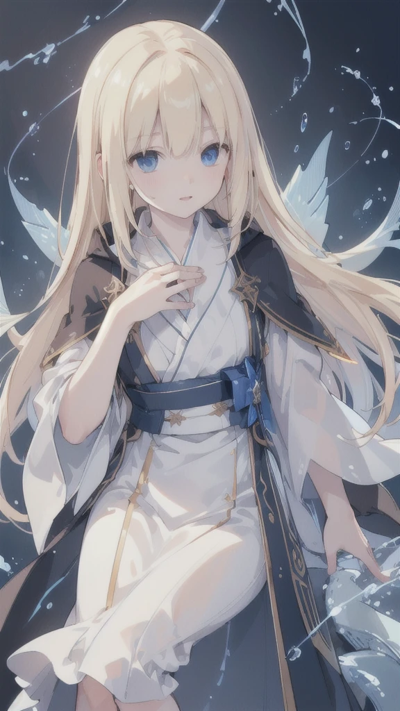 (best quality,ultra-detailed,realistic:1.37),(HDR,UHD),(studio lighting,sharp focus,professional),(portraits,anime),
blonde man,pale eyes,dark robe adorned with glyphs,blue electric currents entwined around the body,a swarm of electric eels made of water flying around.