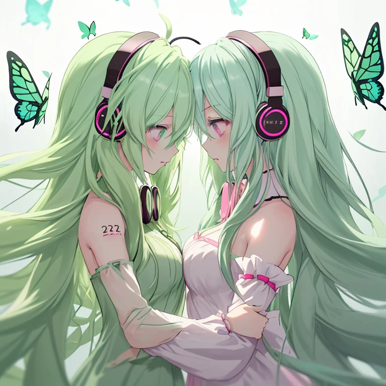 2 girls,Mint green hair,Long Hair,Curly Hair,Pink Eyes,cute,Like a doll,Face to face,Gaze closer to each other,profile,Butterfly headphones,Vocaloid,Hold each other's hands,Holding hands,gorgeous,masterpiece,highest quality,High resolution