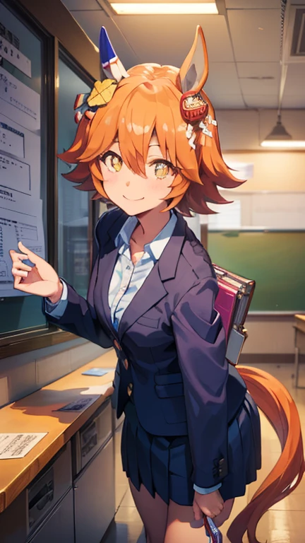 (masterpiece:1.2, top-quality), beautiful illustration, (natural side lighting, movie lighting), nsfw, looking at viewer, cowboy shot, front view:0.6, matikanefukukitaru \(umamusume\), 1 girl, japanese, teacher, perfect face, (large breasts:0.8), beautiful hair, beautiful face, beautiful detailed eyes, beautiful clavicle, beautiful body, beautiful chest, beautiful thigh, beautiful legs, beautiful fingers, ((detailed cloth texture, (saxe blue business suit jacket), lavender collared shirts, saxe blue tight skirt, high heels), (beautiful scenery), evening, class room, school, standing, (graceful, smile, upper eyes),