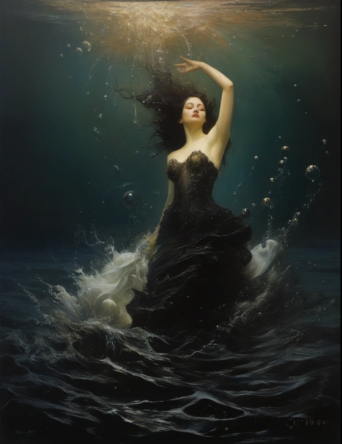 James Gurney, Surrealist art , dream-like, Mysterious, Provocative, symbolic, Complex, detailed,, (Gothic but very beautiful:1.4), (masterpiece, highest quality:1.4) , Nicola Samori Style, mermaid swimming in the sea , Water bubbles