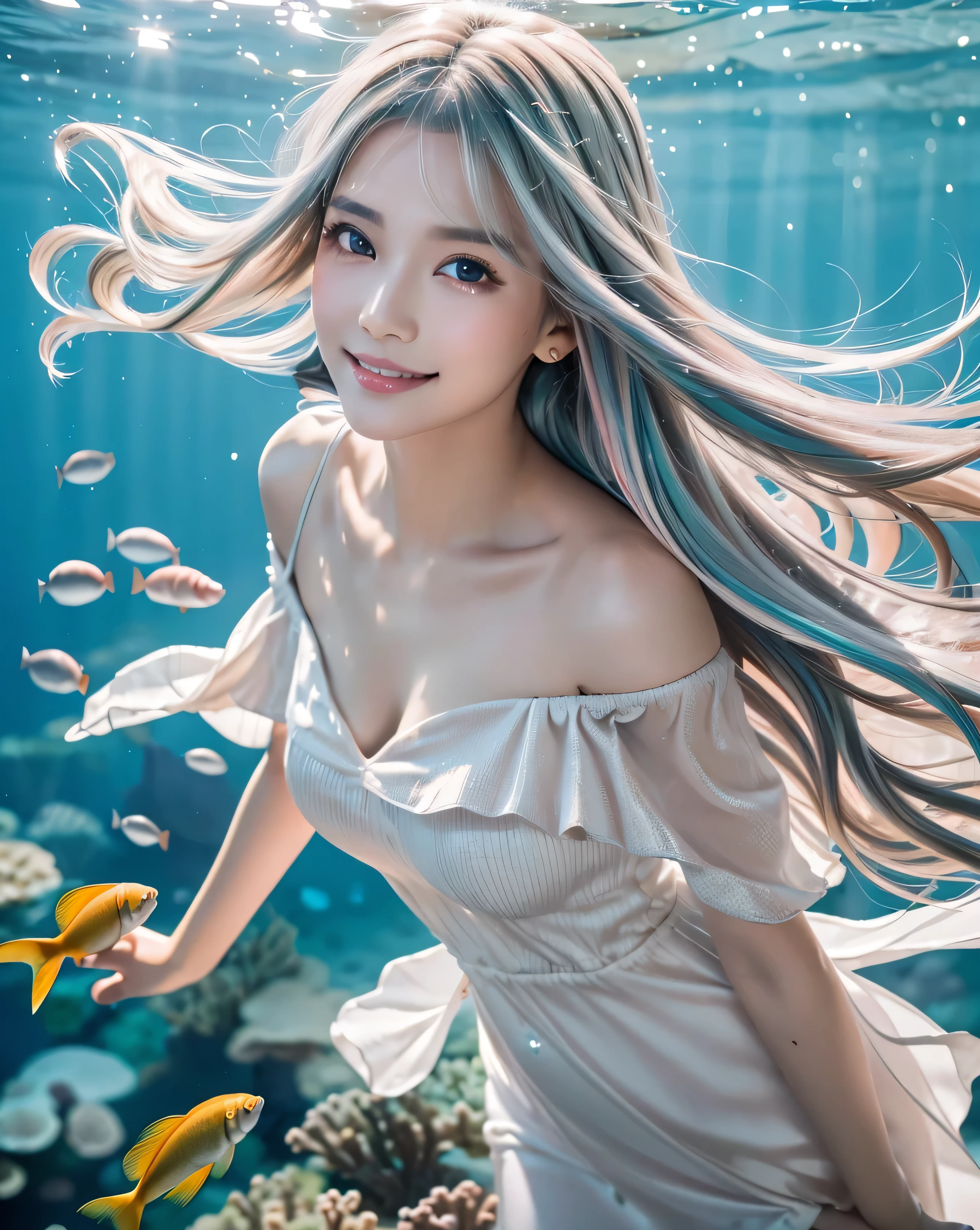 (highest quality,32k,High resolution,Masterpiece:1.5), marimo_jet, Fantasy, Blue-green color palette, ((Swim with the fish in the magnificent underwater world)), (Beautiful Japanese Women:1.1), An exceptionally beautiful face, ((Shiny platinum hair:1.3)), ((Beautifully tousled super long straight silk hair)), Asymmetrical bangs, Hair between the eyes, Magical big eyes, Beautiful thin eyebrows, Natural Makeup, Cheek highlighter, Pale pink detailed lips, Rich emotional expression, Motherhood and generosity, fleeting smile, ((White off-the-shoulder dress:1.4)), (The water is sparkling and full of vibrant colors.), Introducing the mesmerizing beauty of the sea, Surrounded by coral reefs, A school of rare fish, Swaying seaweed. Sunlight reflected on the water, Professional Lighting, Professional photographer, Professional models, mysterious